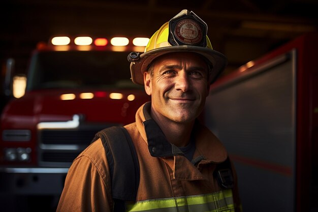 portret van een mannelijke brandweerman die glimlacht voor de achtergrond van een brandweerwagen in bokeh-stijl