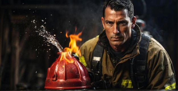 Foto portret van een mannelijke brandweerman met een brand achtergrond generatieve ai