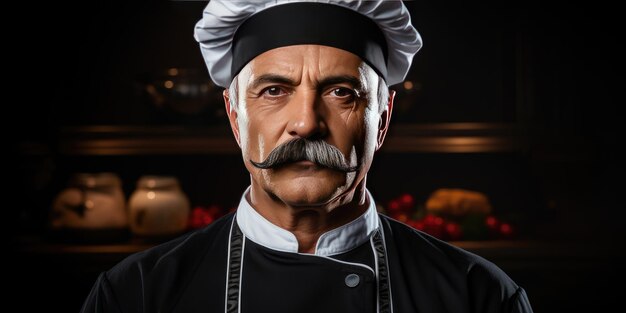 Portret van een mannelijke chef-kok op een donkere achtergrond close-up Hoge kwaliteit foto Generatieve AI