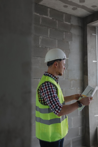 Portret van een mannelijke ingenieur aan het werk een Europese mannelijke ontwerper of architect op de bouwplaats