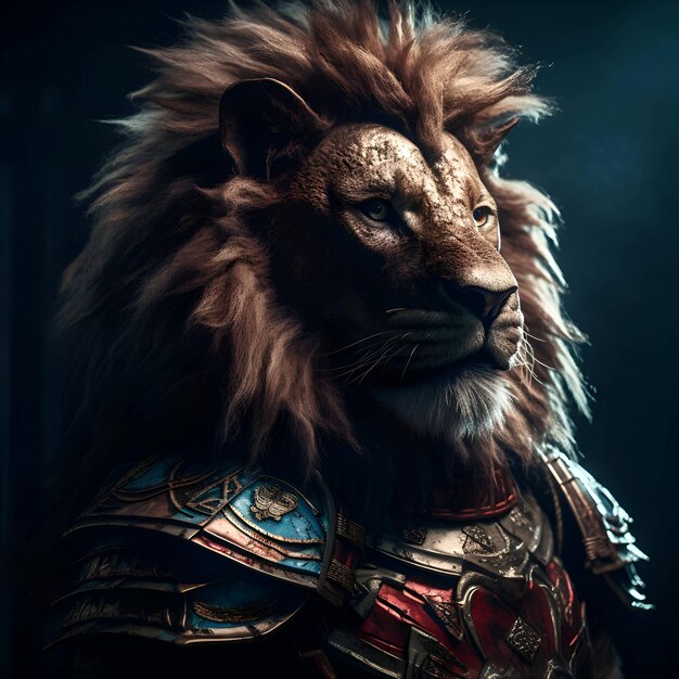 Portret van een mannelijke leeuw in harnas over donkere achtergrond Fantasie