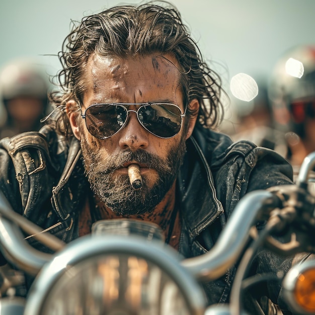 Foto portret van een mannelijke motorrijder kracht vrijheid en individualiteit op de open weg avontuurlijke geest en de opstandige aantrekkingskracht van de motorfiets mannelijkheid in beweging