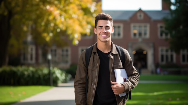 Portret van een mannelijke student die buiten staat voor het universiteitsgebouw Gemaakt met generatieve AI-technologie