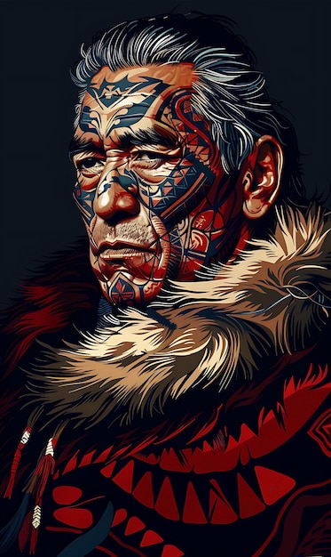Portret van een Maori-man met een traditionele mantel en een Taiaha T-shirt Design Art Tattoo Ink Frames