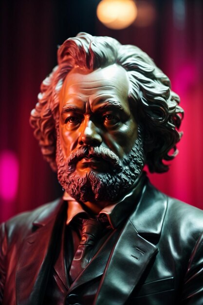 Foto portret van een marmeren beeld van karl marx verlicht door een neon achtergrond.