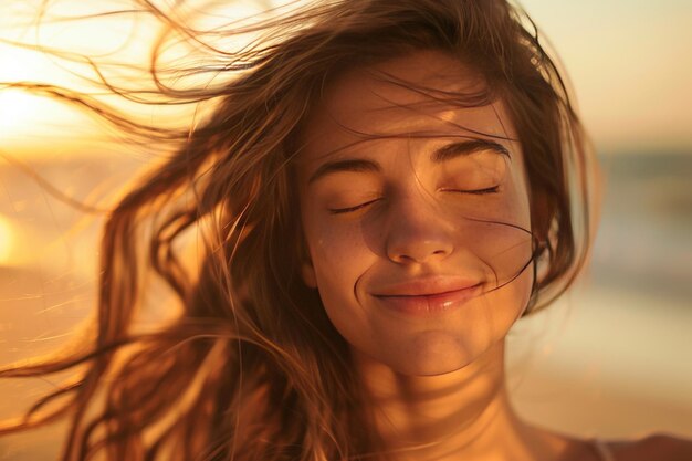 portret van een meisje bij zonsondergang tegen de achtergrond van de zee