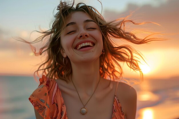 portret van een meisje bij zonsondergang tegen de achtergrond van de zee