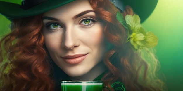 Portret van een meisje dat groen bier vasthoudt en een kabouterhoed draagt voor Saint Patrick's Day.