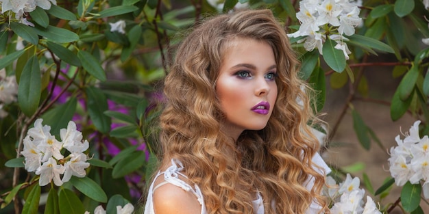 Portret van een meisje in bloeiende tuinen witte rododendron Lang haar en mooie make-up