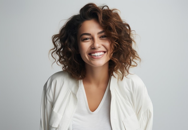 Portret van een meisje in een witte jurk met donker haar glimlachend