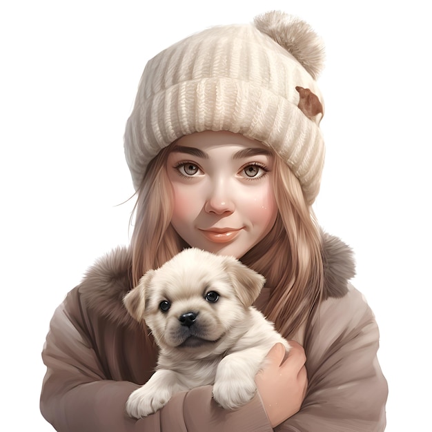 portret van een meisje in winterkleding met een puppy op een witte achtergrond