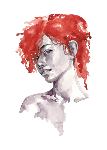 Portret van een meisje in zwart-wit met rood haar - aquarelillustratie