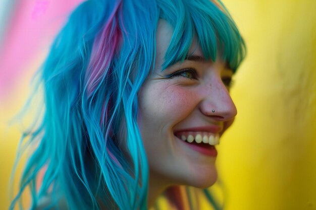 Foto portret van een meisje met blauw haar op een gele achtergrond