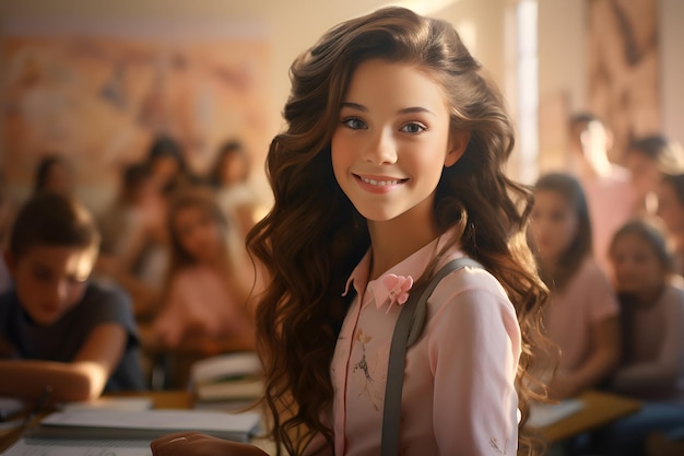 Portret van een meisje met bruin en golvend haar in een klas op haar school die naar de camera kijkt