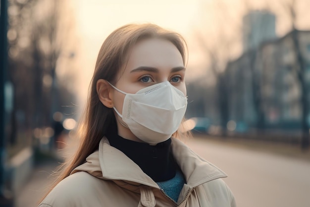 Portret van een meisje met een gasmasker op straat Generatieve AI