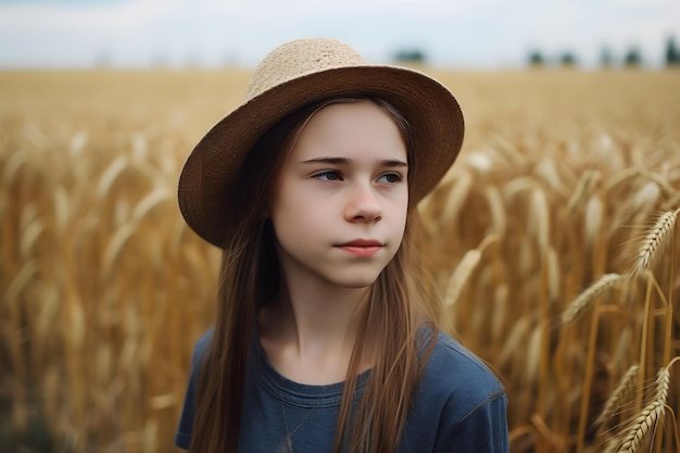 Portret van een meisje tegen de achtergrond van aartjes van tarwe Neuraal netwerk AI gegenereerd