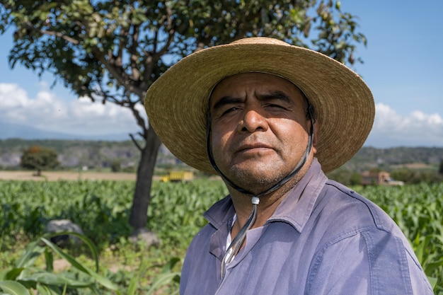 Portret van een Mexicaanse boer die maïs verbouwt