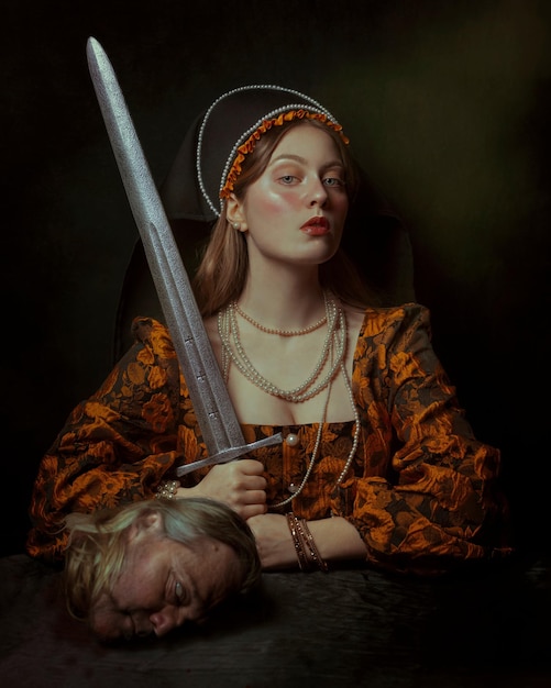 Portret van een middeleeuwse vrouw met een zwaard