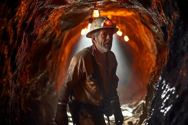 Foto portret van een mijnwerker in de mijntunnel