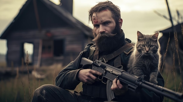 Portret van een militair met een pistool die een kitten vasthoudt