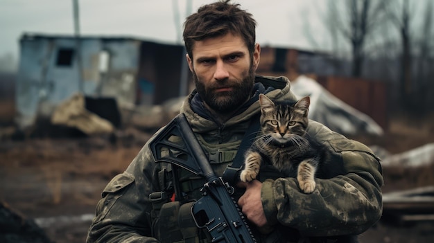 Portret van een militair met een pistool die een kitten vasthoudt