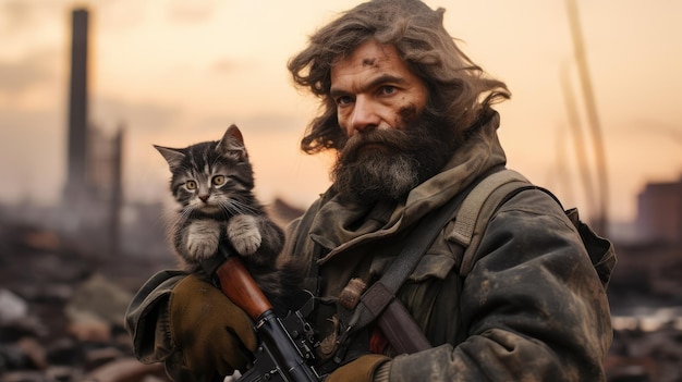 Portret van een militair met een pistool die een kitten vasthoudt