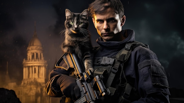 Portret van een militair met een pistool die een kitten vasthoudt