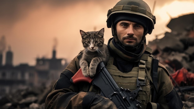 Portret van een militair met een pistool die een kitten vasthoudt