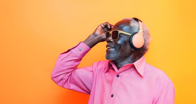 Foto portret van een moderne oudere afrikaanse man die goede muziek luistert en voelt in een zonnebril en een koptelefoon