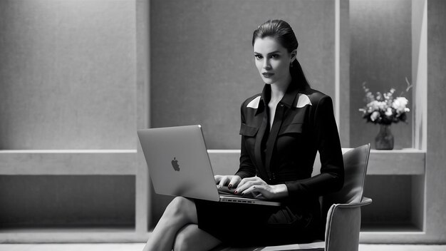 Portret van een moderne vrouw met een laptop op een stoel