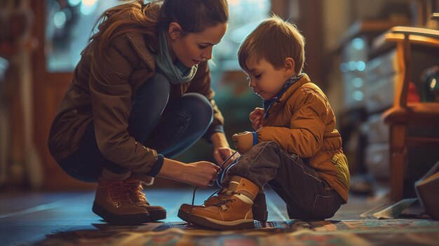 Portret van een moeder die haar kind helpt de schoen aan te passen met een wazige achtergrond en ruimte Generatieve AI