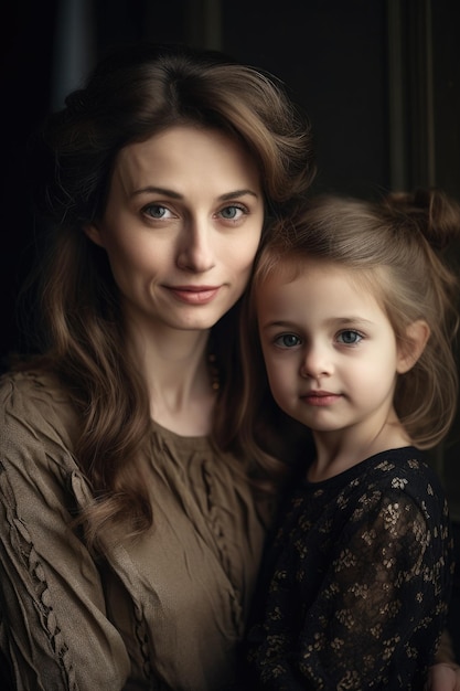 Portret van een moeder en haar schattige kleine meisje gemaakt met generatieve AI