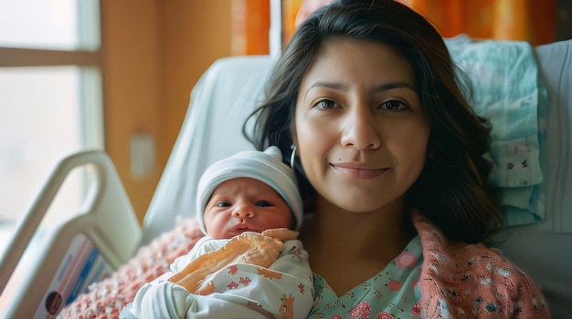 Portret van een moeder met haar pasgeboren baby in het ziekenhuisbed