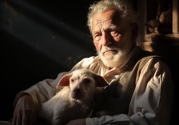 Foto portret van een moment van genegenheid tussen een bejaarde boer en zijn hond zorg en aandacht