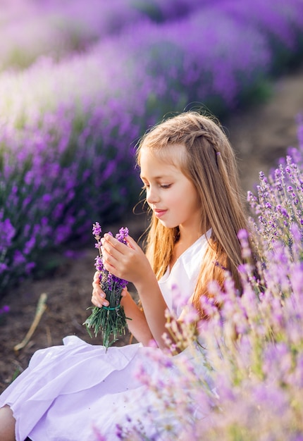 Portret van een mooi babymeisje in een lavendelgebied. Zomerfoto in paarse kleuren.