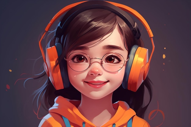 Portret van een mooi blank meisje met een oranje koptelefoonbril Kind dat naar muziek luistert Generatieve AI-illustratie