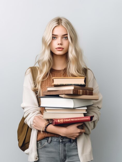 Portret van een mooi blank tienermeisje met boeken in haar hand