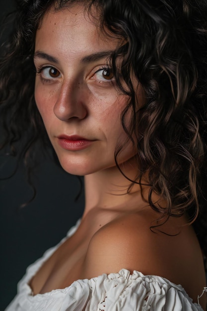 Portret van een mooi brunette meisje met krullend haar Studio opname