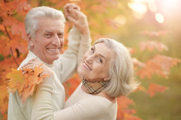 Portret van een mooi gelukkig senior koppel met herfstbladeren die dansen