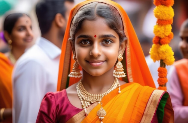 Portret van een mooi Indiase meisje jonge hindoe in traditionele kleding Navratri of Gudi Padwa