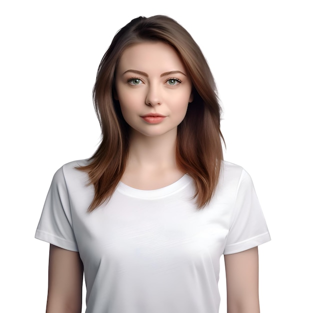 Portret van een mooi jong meisje in een wit T-shirt op een witte achtergrond