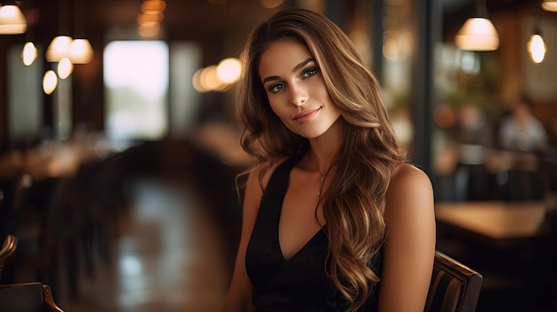 Portret van een mooi jong meisje in een zwarte elegante jurk in een luxe restaurant