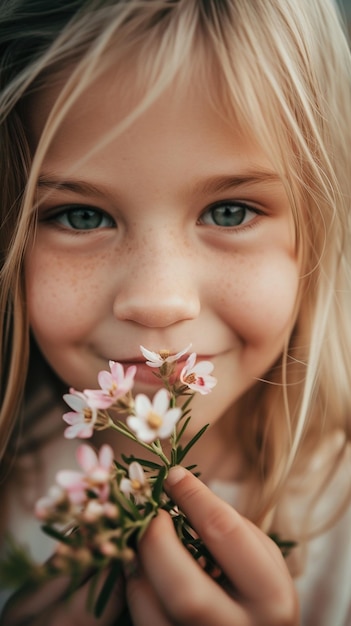 Portret van een mooi klein meisje met bloemen in haar handen