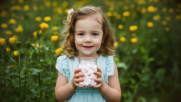 Portret van een mooi klein meisje met een potje marshmallow