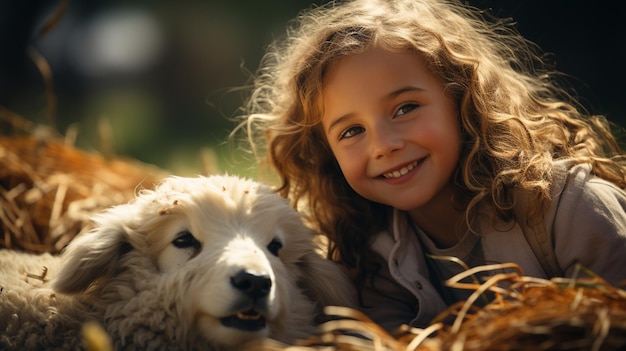 Portret van een mooi klein meisje met haar hond in het veld generatieve ai