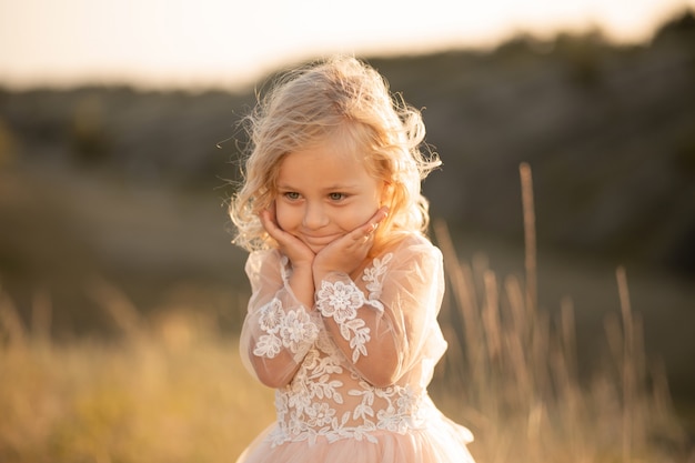 Portret van een mooi klein prinsesmeisje in een roze jurk