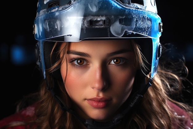 portret van een mooi meisje hockeyspeler in een helm in het stadion in de winter