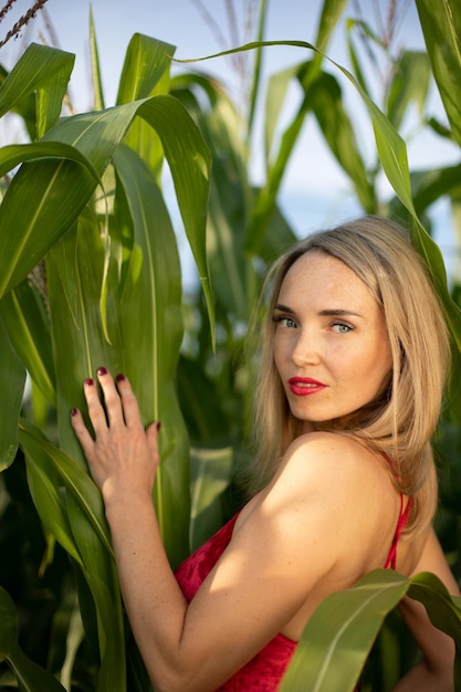 Portret van een mooi meisje in maïsbladeren in een veld