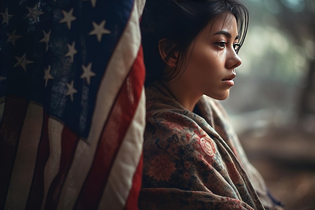 Foto portret van een mooi meisje met amerikaanse vlag