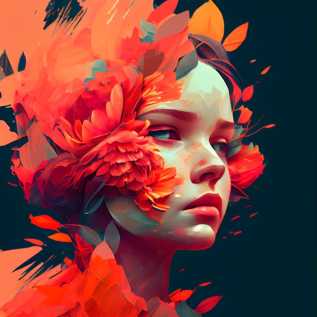 Portret van een mooi meisje met bloemen in haar haar Digitaal schilderen